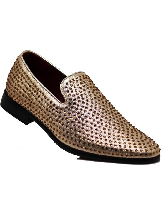 Enzo Romeo Men\'s Champagne Vintage Velvet Rhinestone Loafer Slip On Tuxedo Shoes